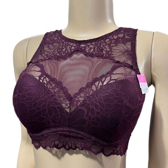 Victorias Secret Pink Push Up Padded High Neck Mesh Lace underwire bralette bra - Picture 2 of 4